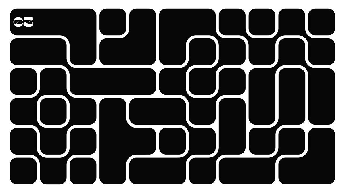 Abstract black geometric shapes connected by rounded pathways, forming a maze-like pattern on a white background.