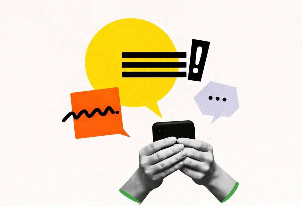 Hands and emojis simulating a conversation while texting.