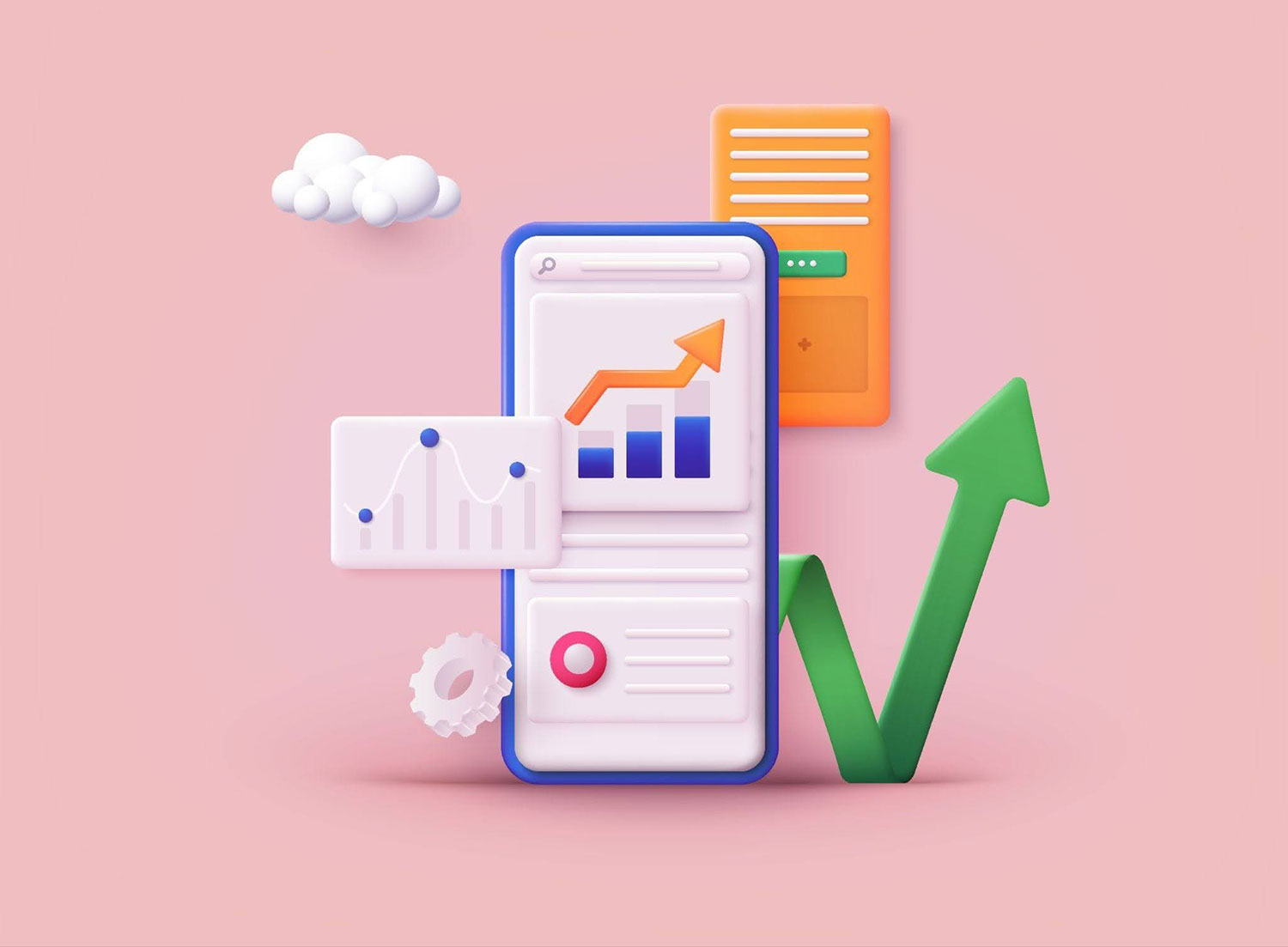 3D illustration of a mobile smartphone showing a landing page UI with a green growth arrow, bar charts, and an orange web page layout representing conversion funnel optimization.