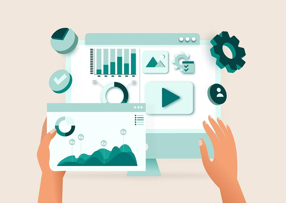 Hands interacting with a digital dashboard showing data charts, graphs, and media campaign settings.