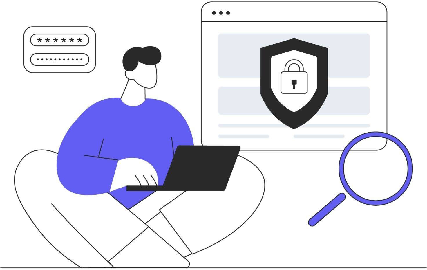 Illustration of a person using a laptop beside a secure website with a lock icon, password field, and magnifying glass symbolizing online privacy and data security.
