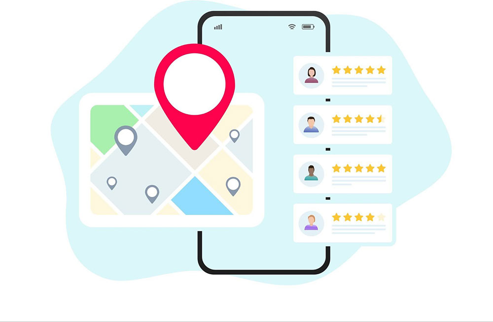 Illustration of a smartphone displaying a map with a red pin alongside customer review ratings for local business geo-targeting